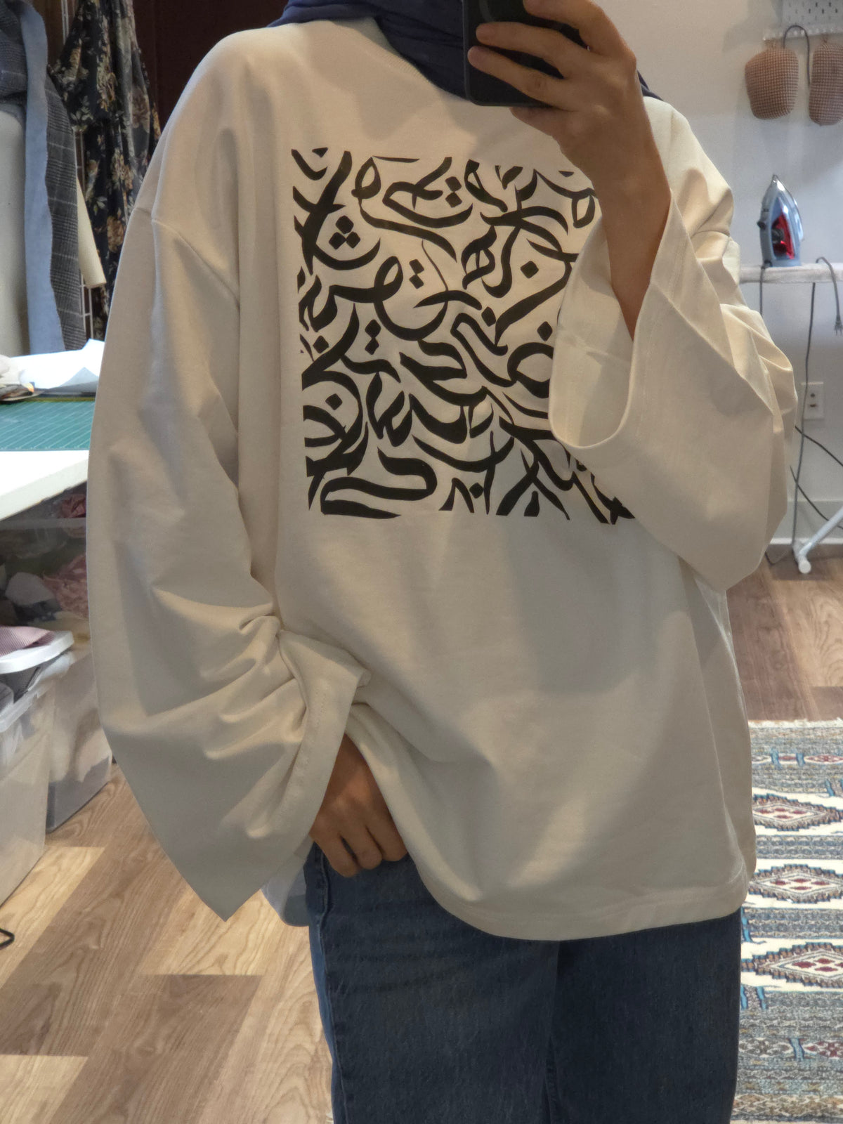 Calligraphy Cotton Sweatshirt with bell-shaped sleeves