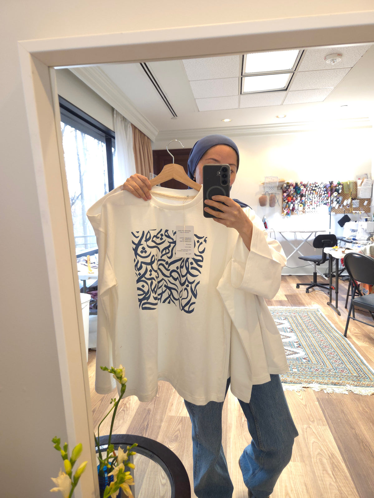 Calligraphy Cotton Sweatshirt with bell-shaped sleeves