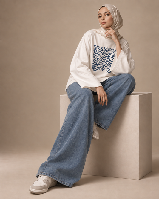 Calligraphy Cotton Sweatshirt with bell-shaped sleeves